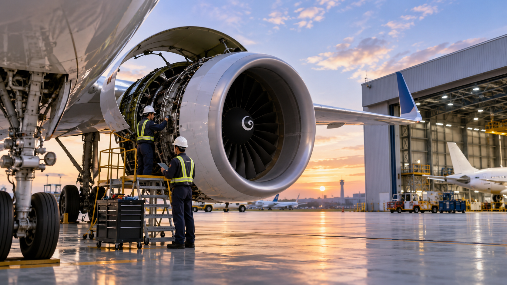 Aerospace MRO technicians servicing jet engine — P-Con aerospace workforce solutions